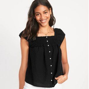 Black Breathable Peasant Shirt Flutter-Sleeve Smocked Seersucker Swing Blouse